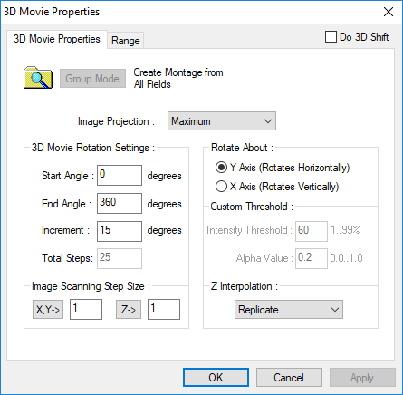 Montage 3D Movie Properties dialog